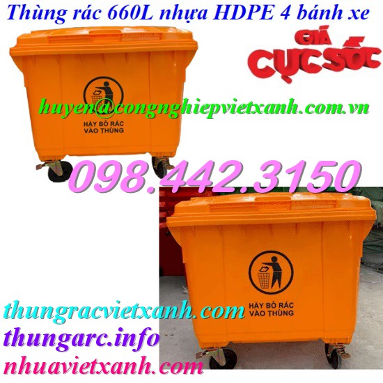 Thùng rác 660 lít nhựa HDPE màu cam