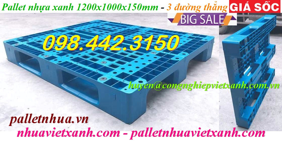 Pallet nhựa 1200x1000x150mm xanh - 3 đường thẳng
