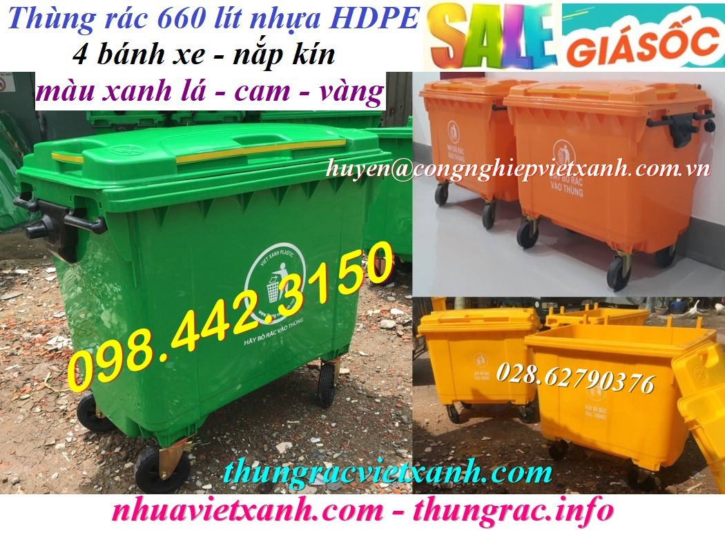 Thùng rác 660 lít nhựa HDPE xanh - cam - vàng