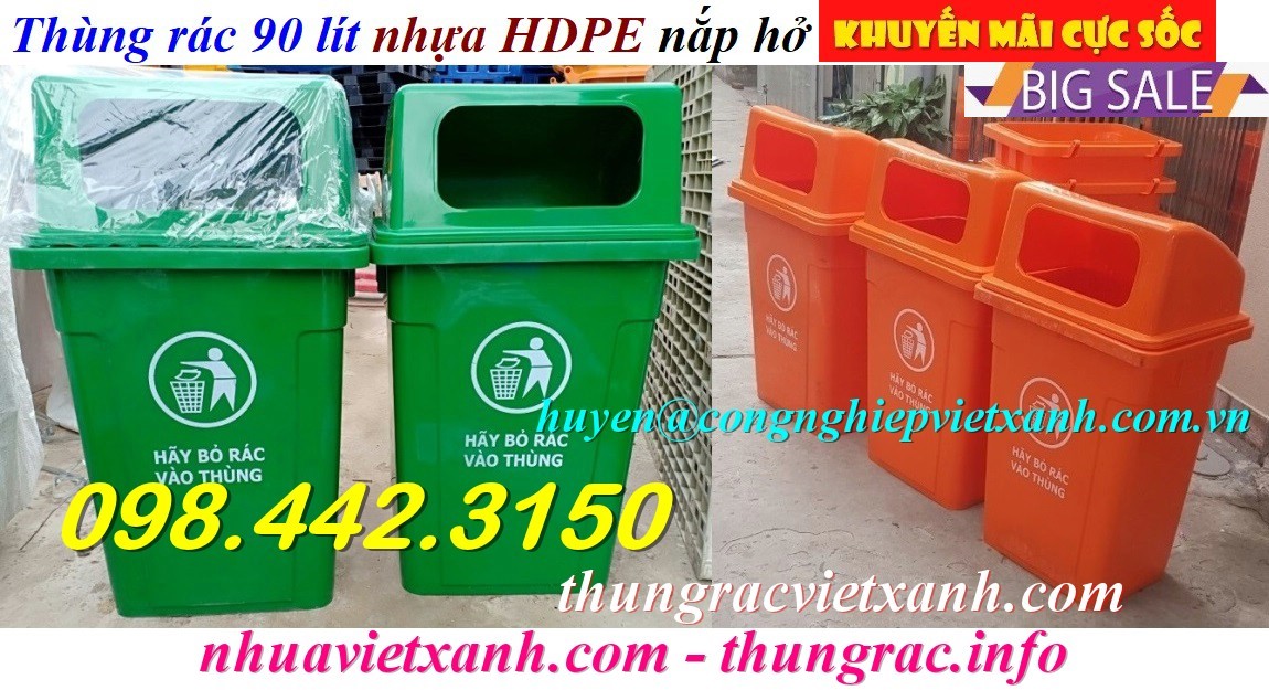Thùng rác 90L nắp hở nhựa HDPE