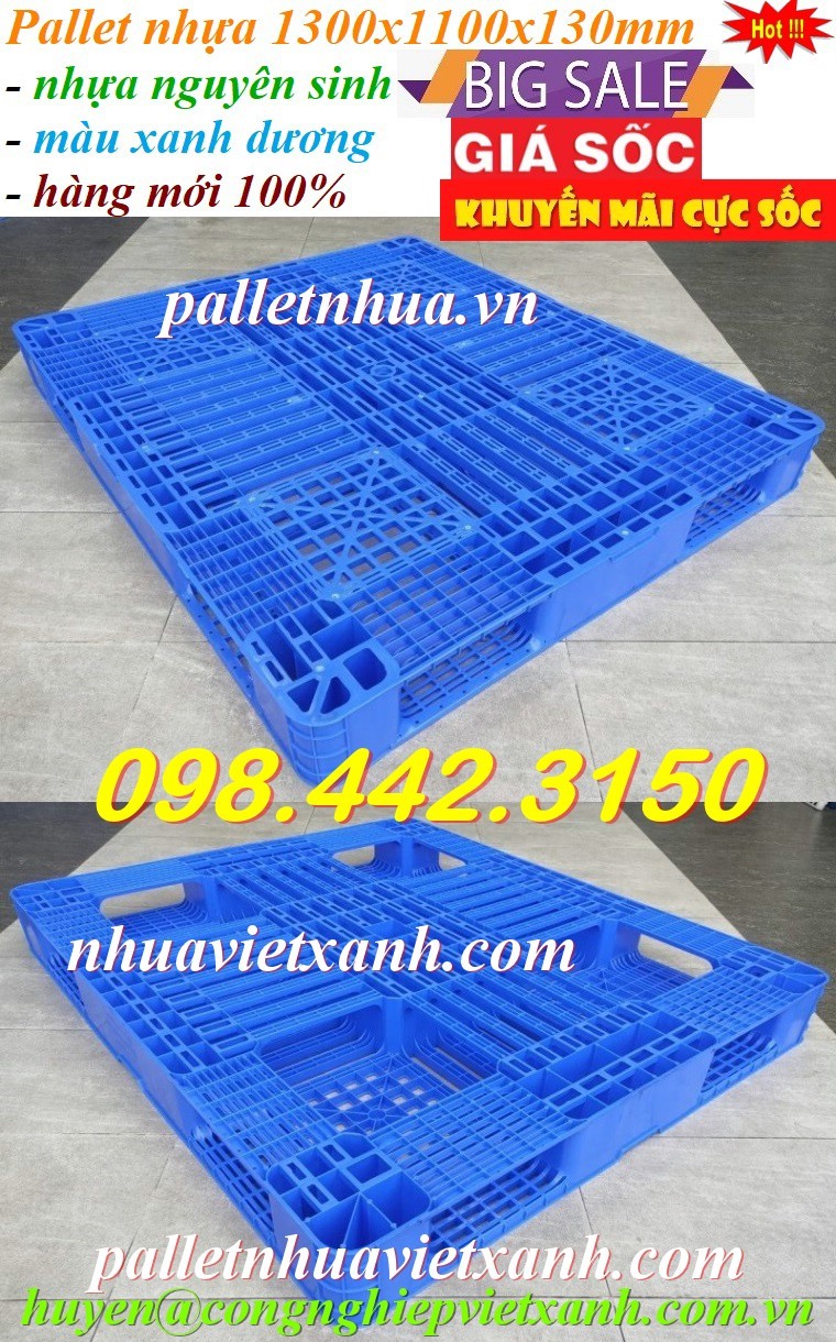 Pallet nhựa 1300x1100x130mm màu xanh nhựa nguyên sinh