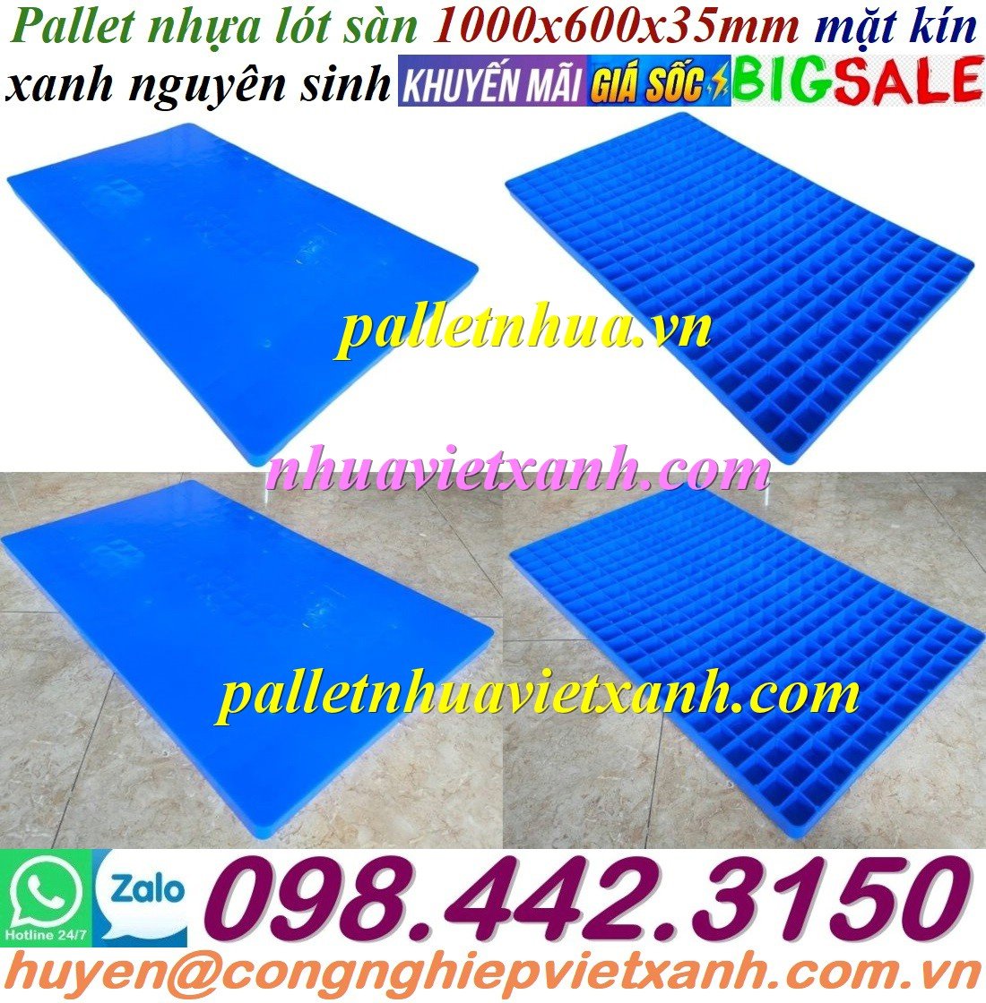 Pallet nhựa lót sàn 1000x600x35mm mặt kín xanh nguyên sinh