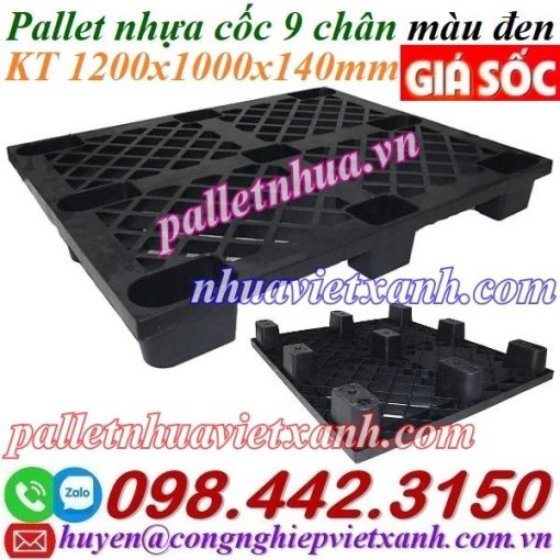 Pallet nhựa cốc 9 chân 1200x1000x140mm màu đen