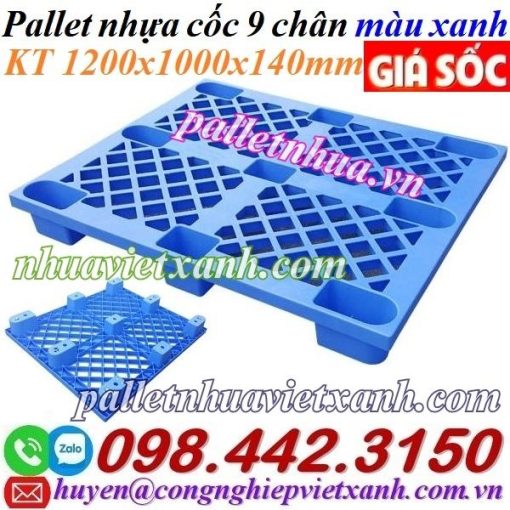 Pallet nhựa cốc 9 chân 1200x1000x140mm màu xanh