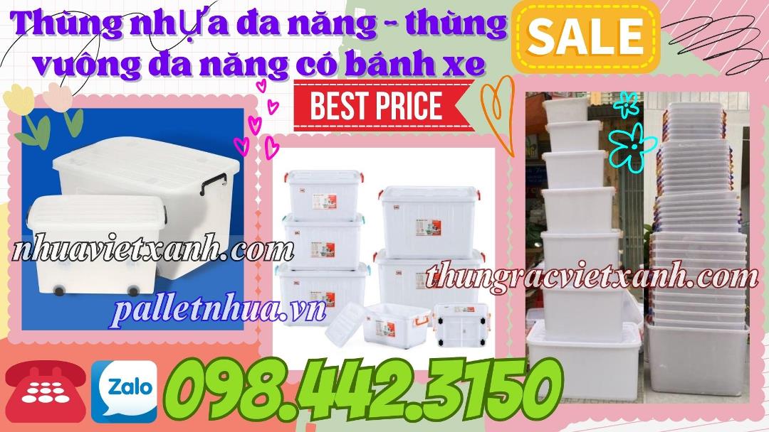 Thùng nhựa vuông đa năng có bánh xe