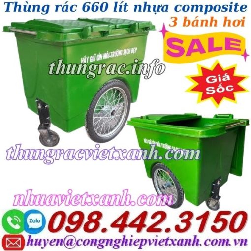 Thùng rác 660L nhựa composite 3 bánh hơi