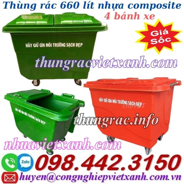 Thùng rác 660L nhựa composite 4 bánh xe Thùng rác 660L nhựa composite 4 bánh xe