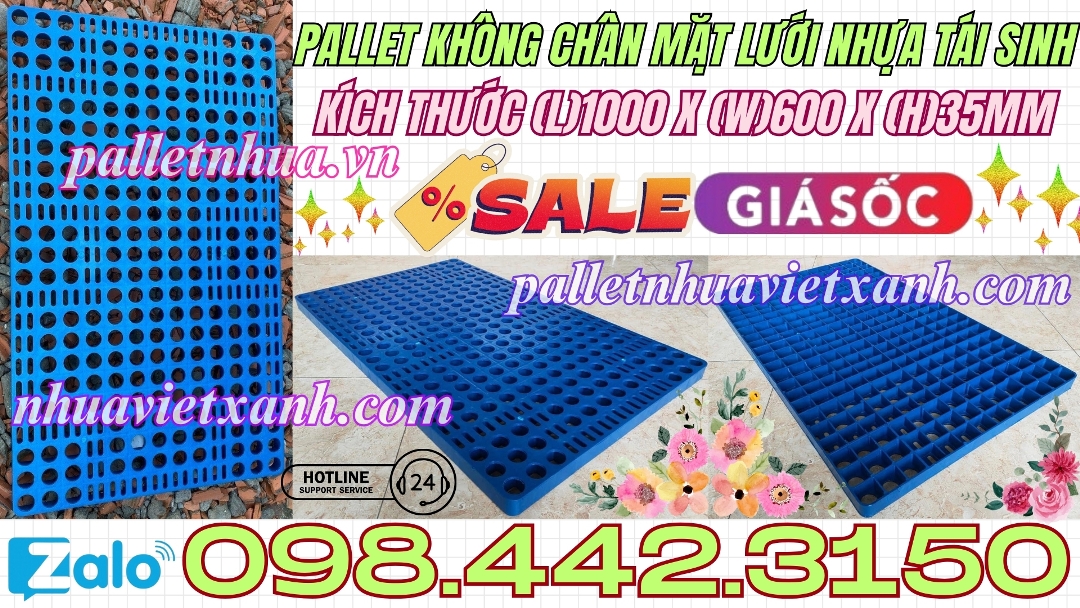 Pallet lót sàn không chân mặt lưới 1000x600x35mm nhựa tái sinh