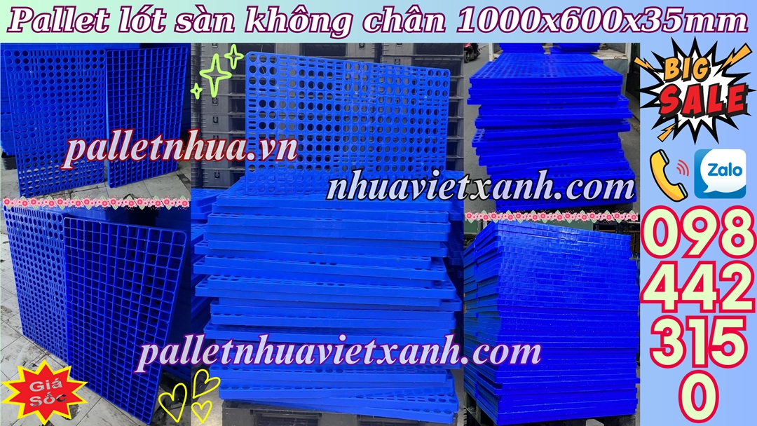 Pallet lót sàn không chân 1000x600x35mm mặt lưới xanh dương