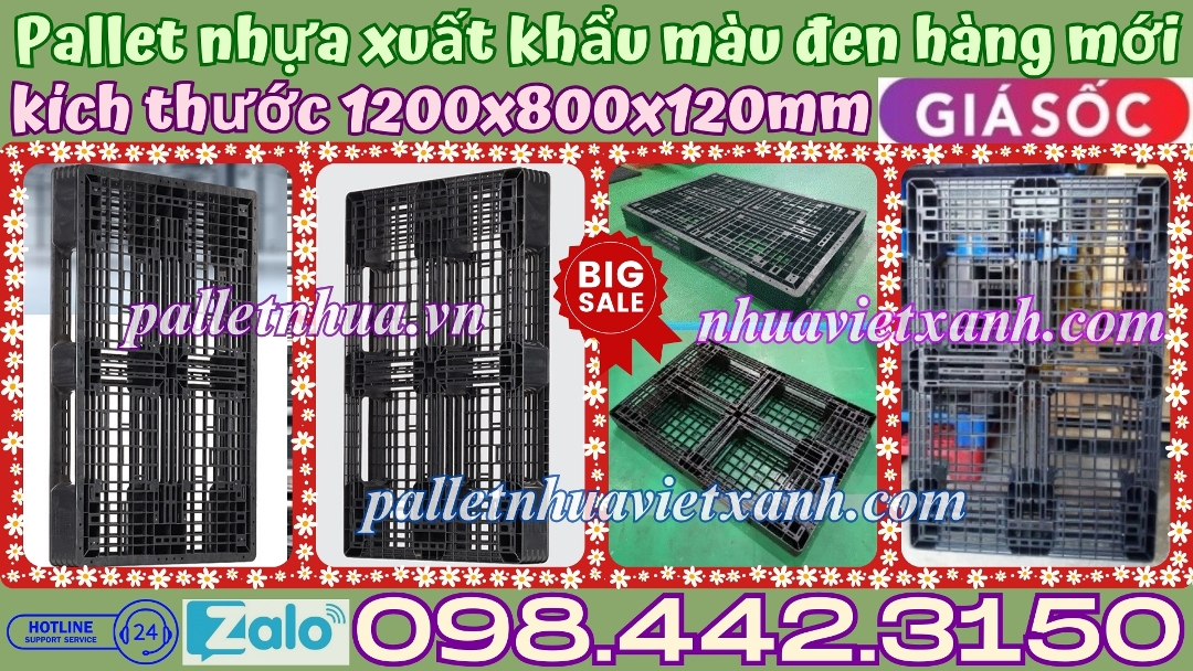 Pallet nhựa xuất khẩu 1200x800x120mm màu đen hàng mới