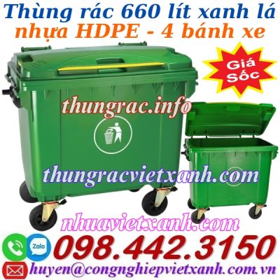 Thùng rác nhựa 660L xanh lá