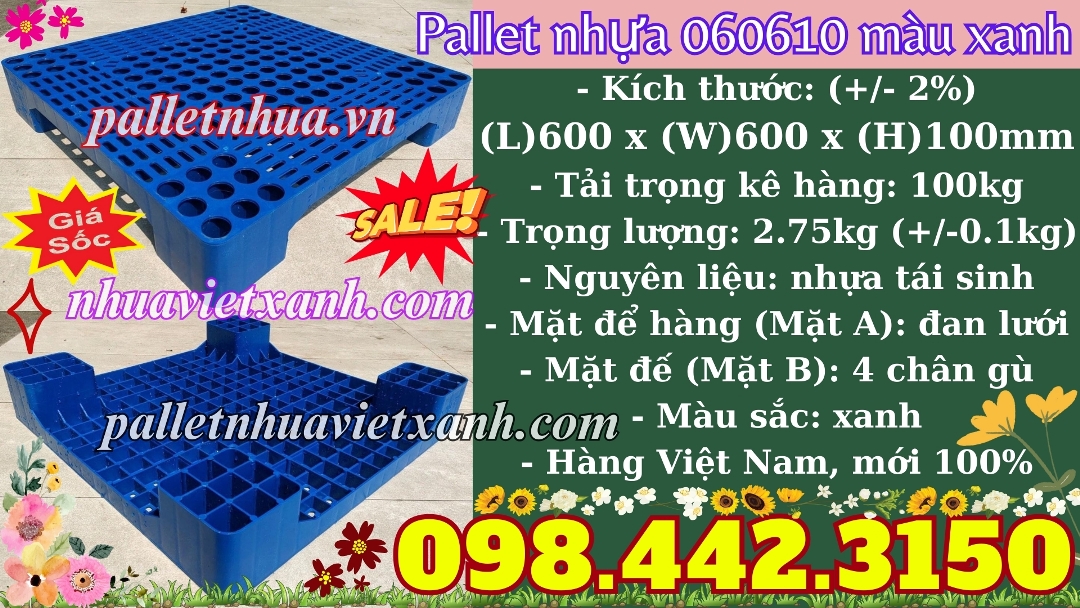 Pallet nhựa 060610 xanh kích thước 600x600x100mm