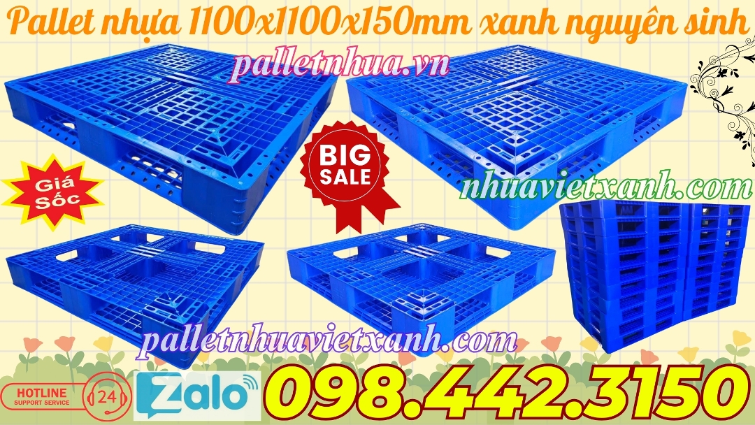 Pallet nhựa 1100x1100x150mm xanh nguyên sinh