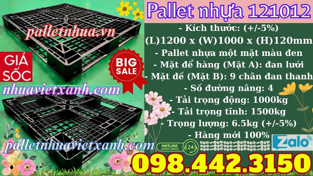 Pallet nhựa 1200x1000x120mm màu đen PL121012