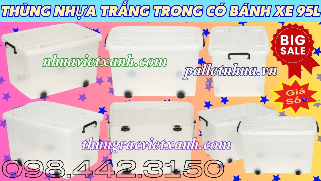 Thùng nhựa trắng trong có bánh xe 95L