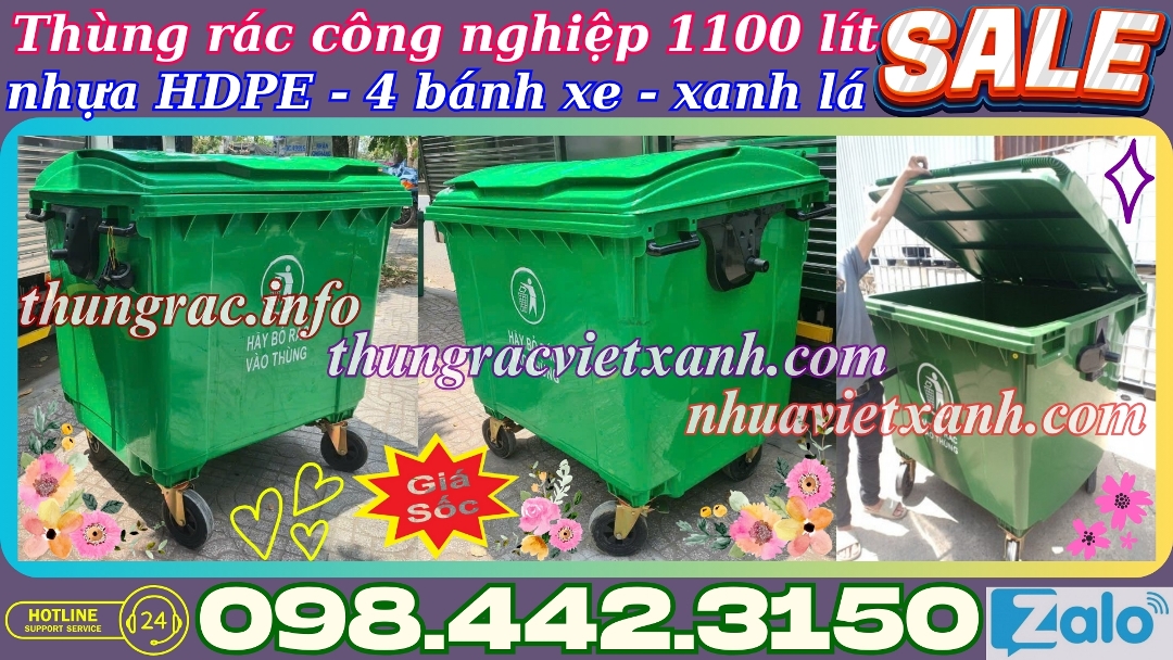 Thùng rác công nghiệp 1100 lít xanh lá
