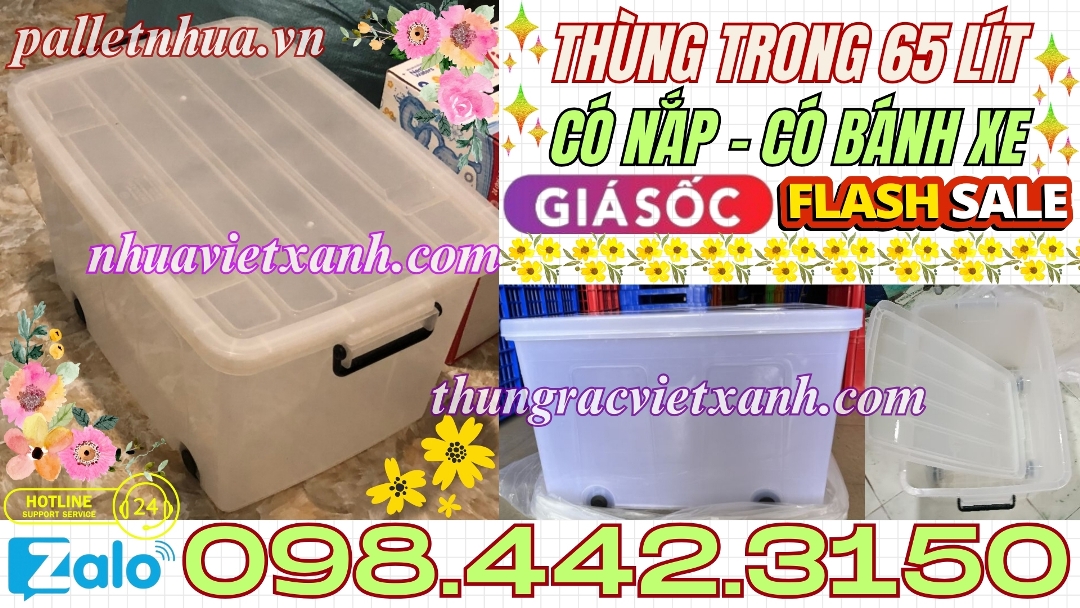 Thùng trong 65 lít có nắp có bánh xe