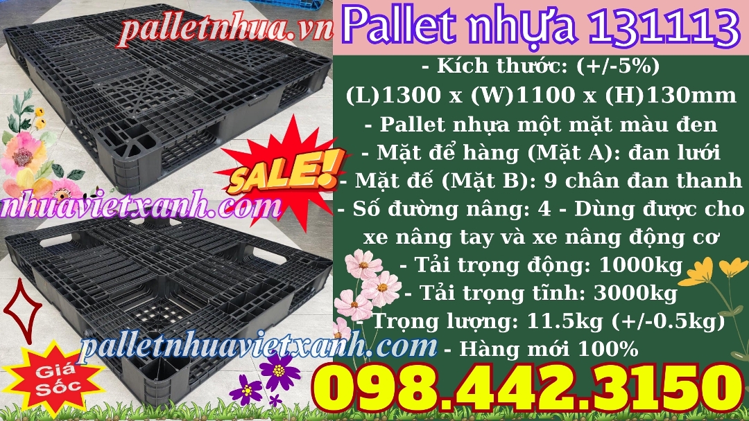 Pallet nhựa 1300x1100x130mm màu đen PL131113