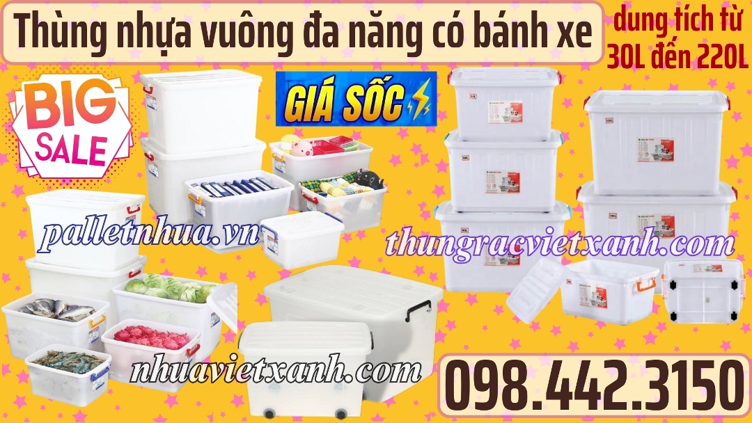 Thùng nhựa vuông đa năng có bánh xe