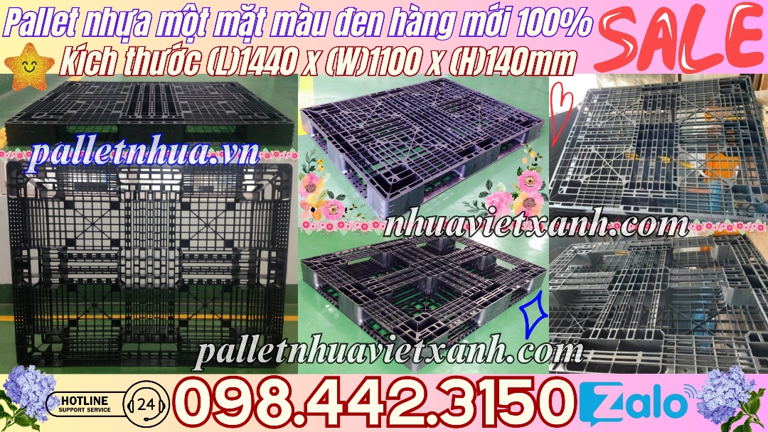 Pallet nhựa 1440x1100x140mm hàng mới màu đen