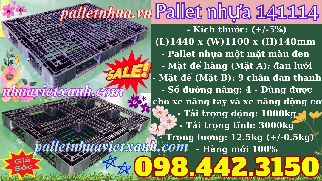 Pallet nhựa 1440x1100x140mm màu đen 141114