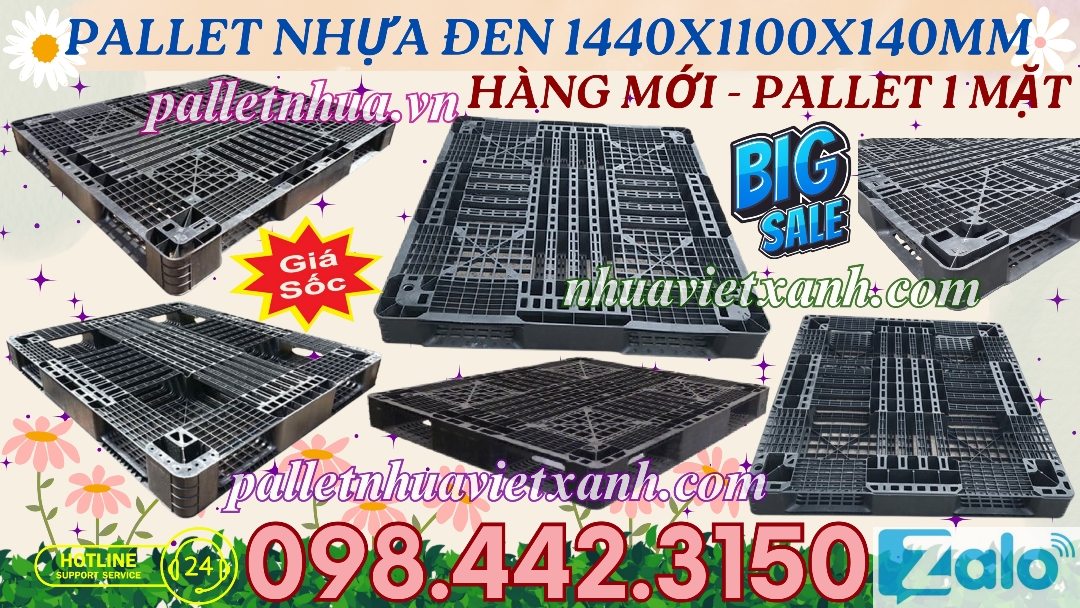 Pallet nhựa đen 1440x1100x140mm hàng mới