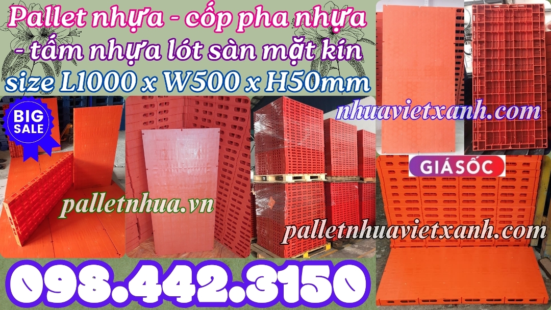 Pallet nhựa lót sàn mặt kín 1000x500x50mm