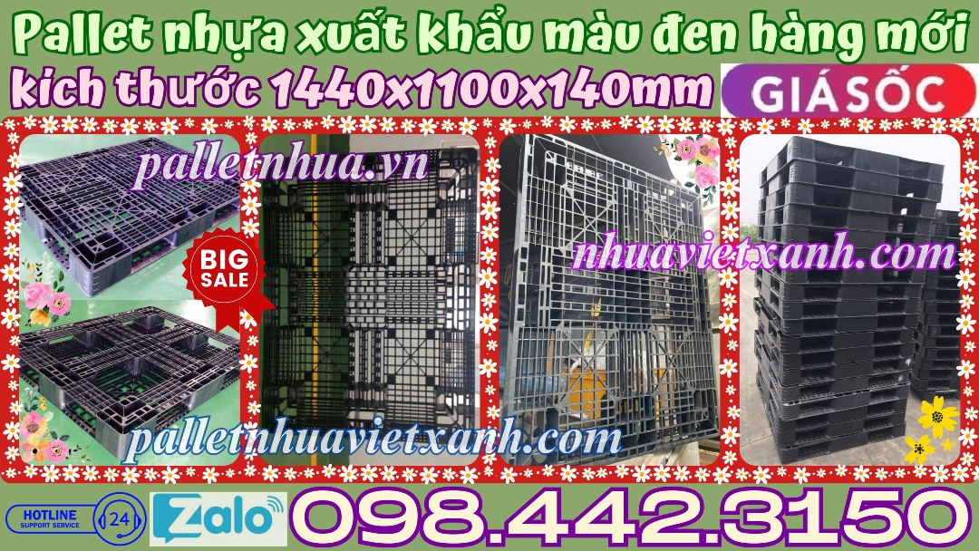 Pallet nhựa xuất khẩu 1440x1100x140mm màu đen hàng mới