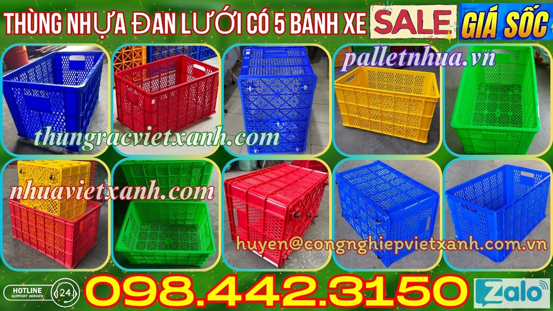 Thùng nhựa đan lưới 5 bánh xe