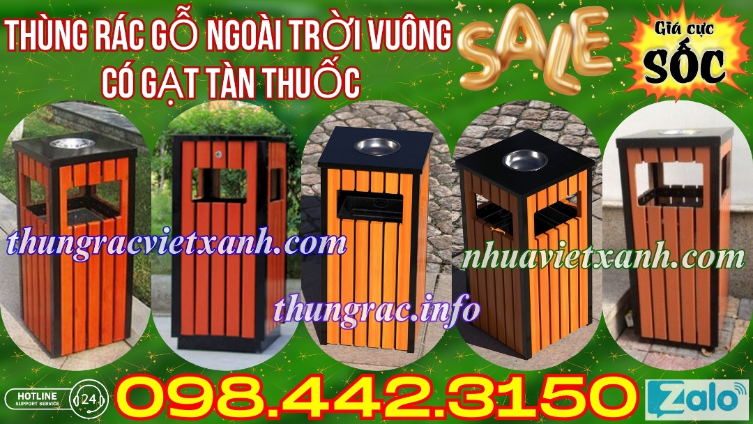 Thùng rác gỗ ngoài trời vuông có gạt tàn thuốc