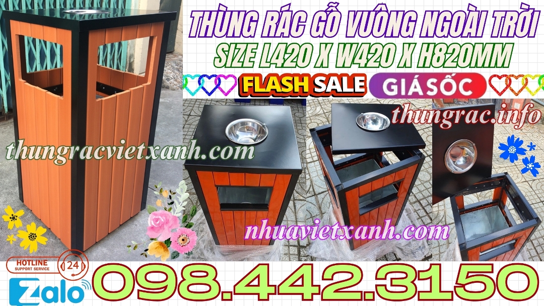 Thùng rác gỗ vuông ngoài trời