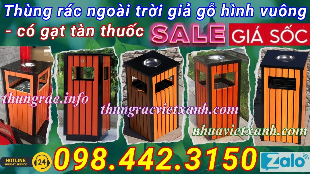 Thùng rác ngoài trời giả gỗ hình vuông có gạt tàn thuốc