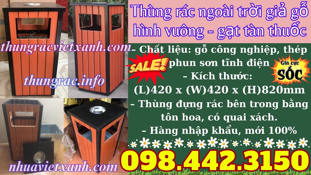 Thùng rác ngoài trời giả gỗ hình vuông gạt tàn thuốc