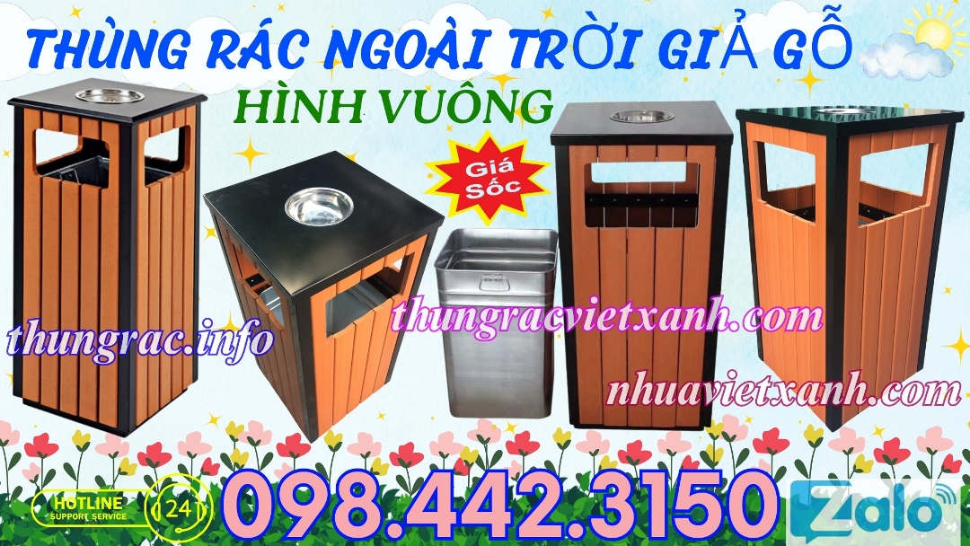 Thùng rác ngoài trời giả gỗ hình vuông