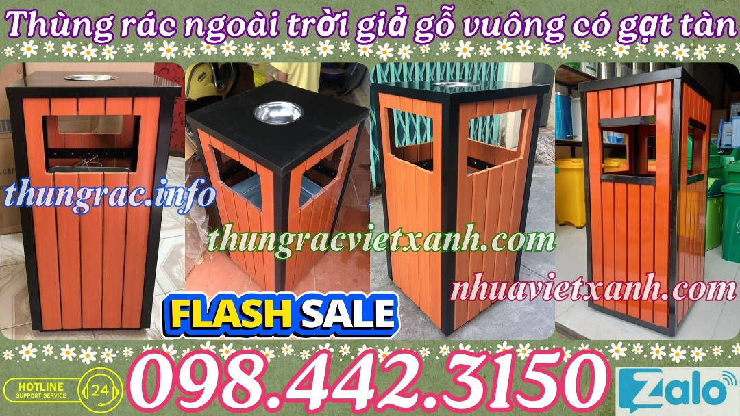 Thùng rác ngoài trời giả gỗ vuông có gạt tàn thuốc