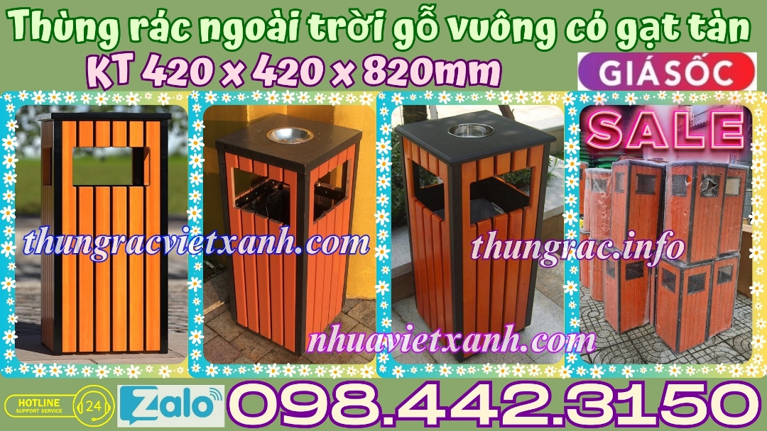 Thùng rác ngoài trời gỗ vuông có gạt tàn