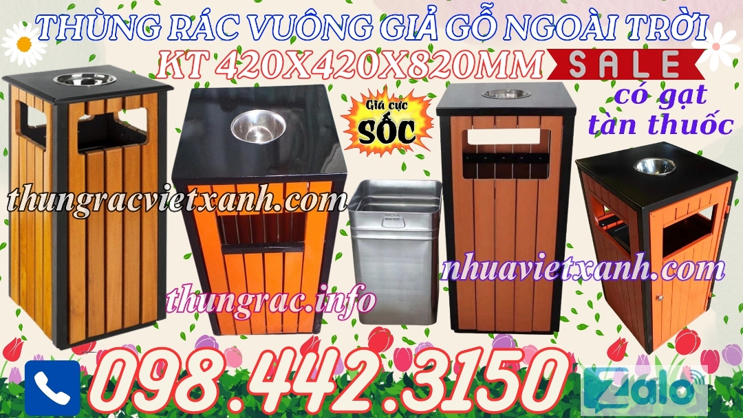 Thùng rác vuông giả gỗ ngoài trời