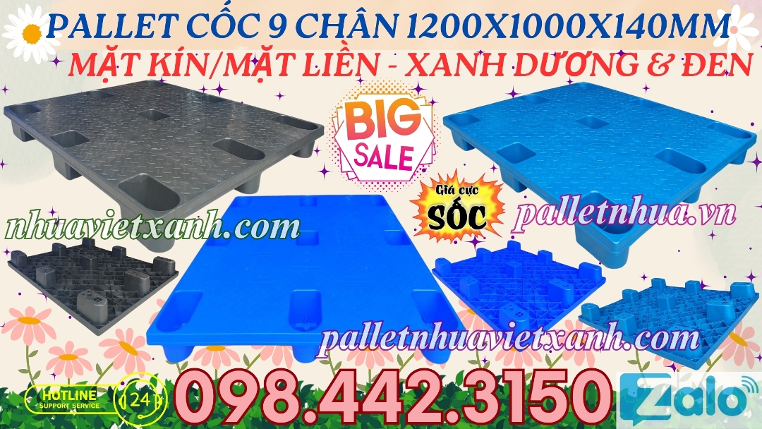 Pallet cốc 9 chân 1200x1000x140mm mặt liền