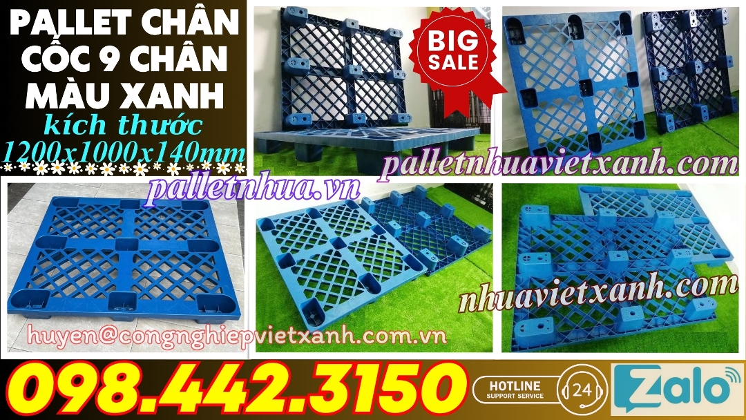 Pallet chân cốc 9 chân 1200x1000x140mm màu xanh