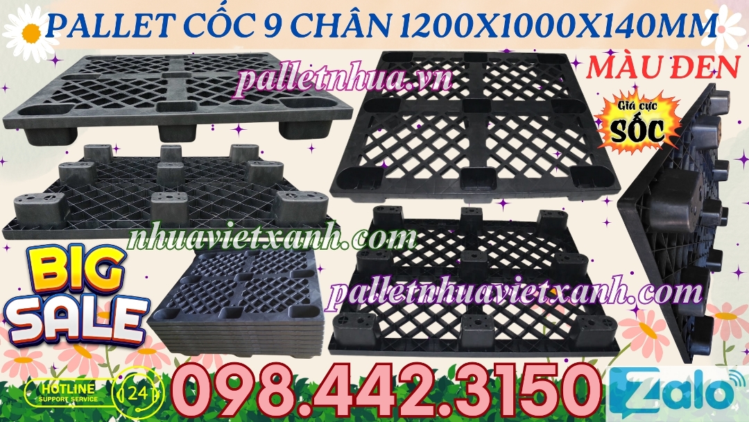 Pallet cốc 9 chân 1200x1000x140mm màu đen