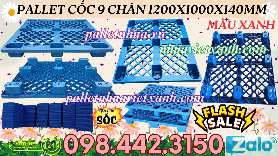 Pallet cốc 9 chân 1200x1000x140mm màu xanh