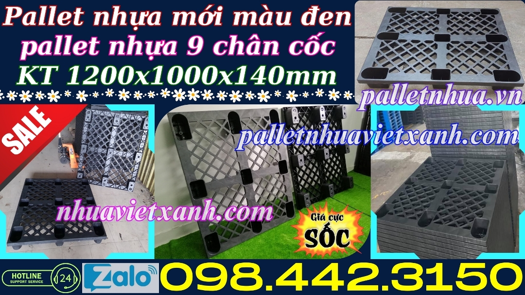 Pallet nhựa 1200x1000x140mm 9 chân cốc màu đen 