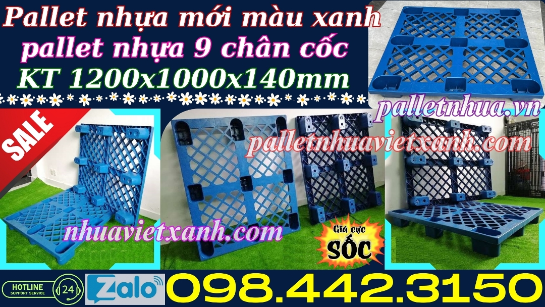 Pallet nhựa 1200x1000x140mm 9 chân cốc màu xanh