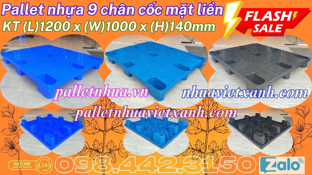 Pallet nhựa 9 chân cốc mặt liền KT 1200x1000x140mm