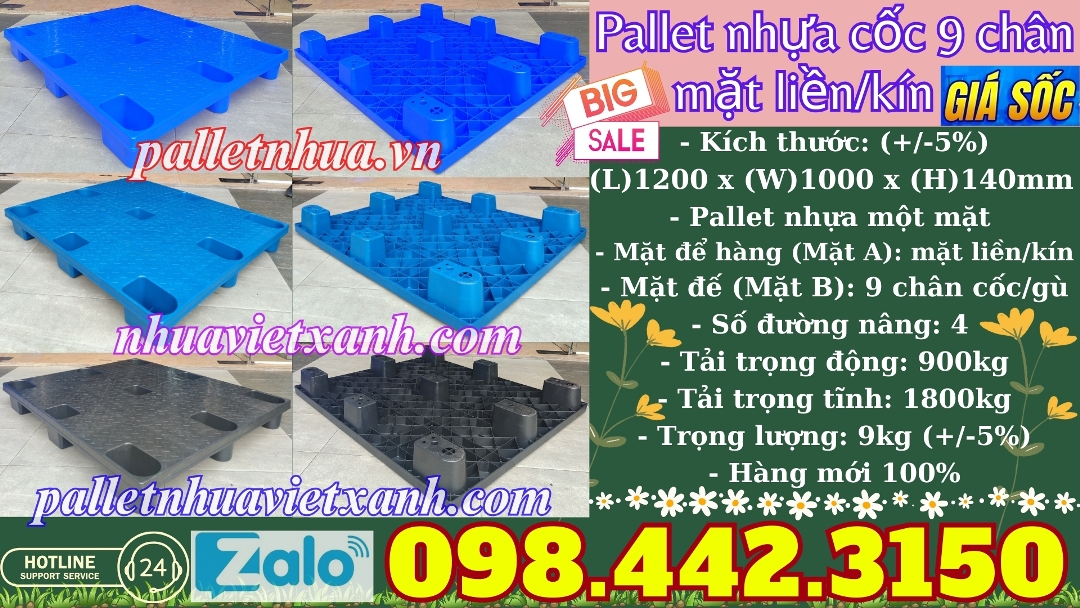 Pallet nhựa 9 chân cốc mặt liền