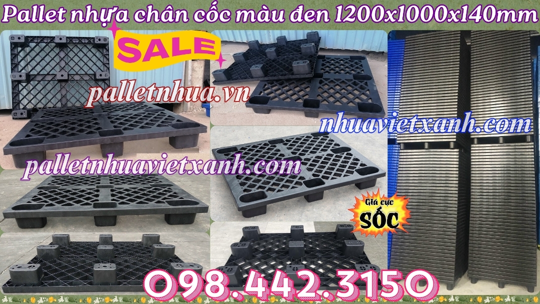 Pallet nhựa chân cốc màu đen 1200x1000x140mm