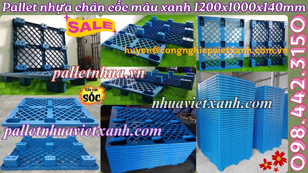 Pallet nhựa chân cốc màu xanh 1200x1000x140mm