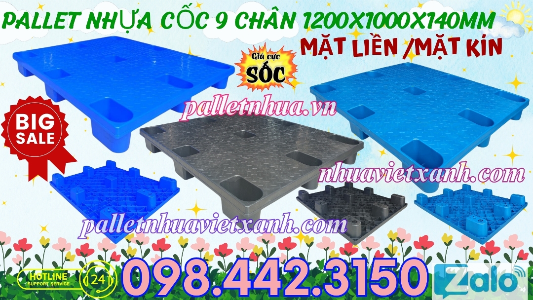 Pallet nhựa cốc 9 chân 1200x1000x140mm mặt liền