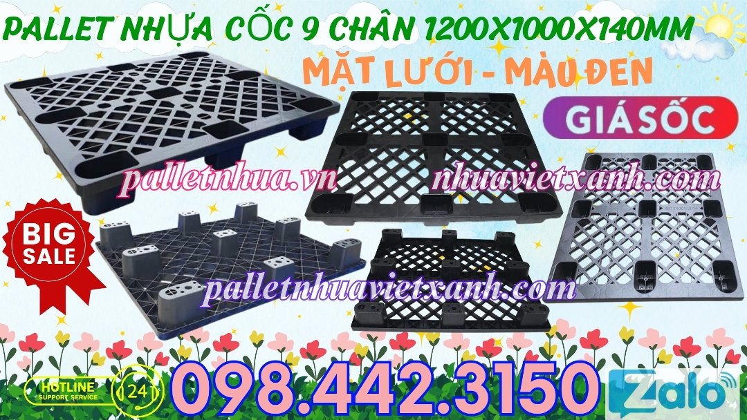 Pallet nhựa cốc 9 chân 1200x1000x140mm màu đen