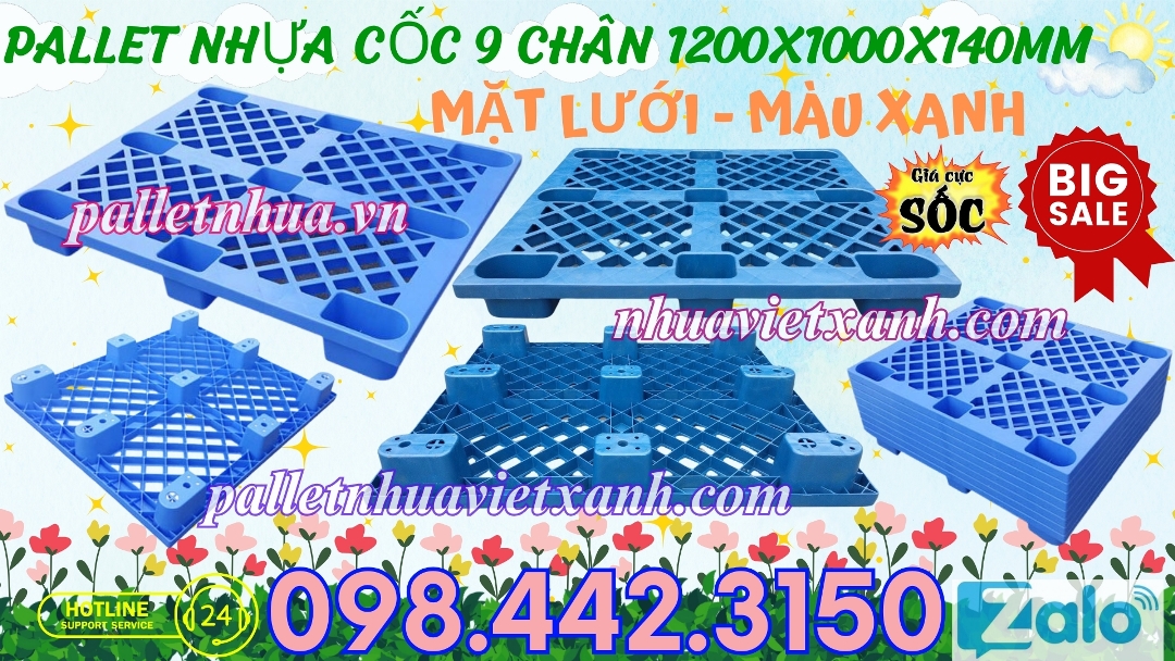 Pallet nhựa cốc 9 chân 1200x1000x140mm màu xanh